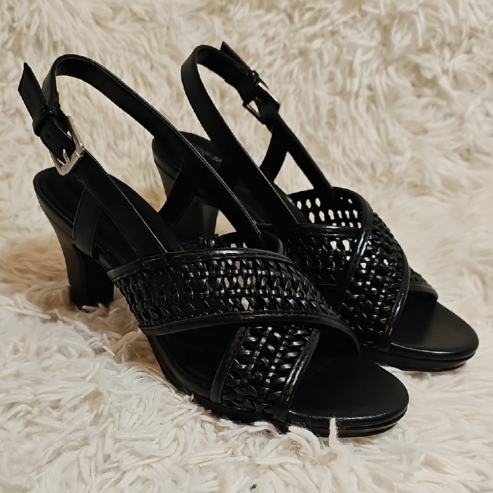 easy street Black Woven Slingback Heels